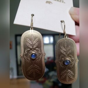 World Market Brass & Labradorite Stone Ornate Floral Stamped Boho Drop Earrings